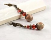 Safari Jasper Earrings Indian Red Swarovski Crystal Mediterranean Style Rustic Jewelry Bronze Tribal Boho Style Cream Brown