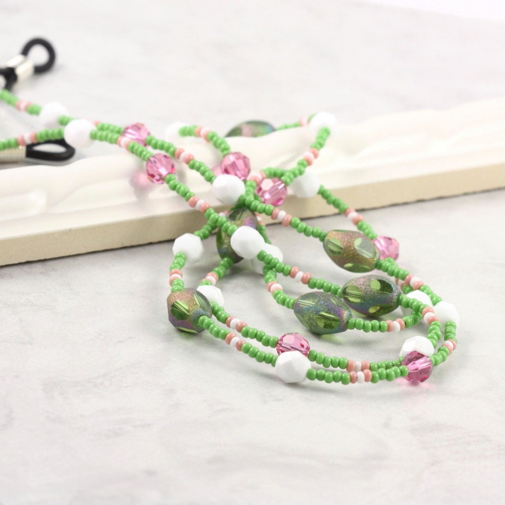Pink Green Eyeglass Holder Beaded White Leash Summer Accessories Office Fashion Reading Lanyard