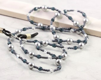 Gray Eyeglass Lanyard Office Fashion Accessory Blue Eyeglass Holder Beaded Leash