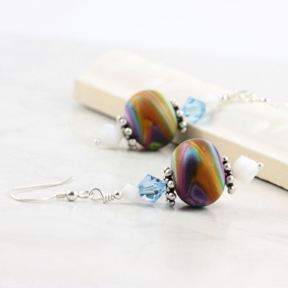 Lampwork Earrings Aqua Pink Purple Rainbow Crystal Sterling Silver Findings