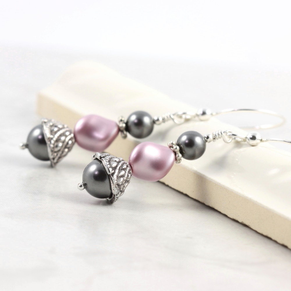 Rose Pearl Prom Earrings Dusty Mauve Pink Smoke Gray Bridal Jewelry Wedding Fashion