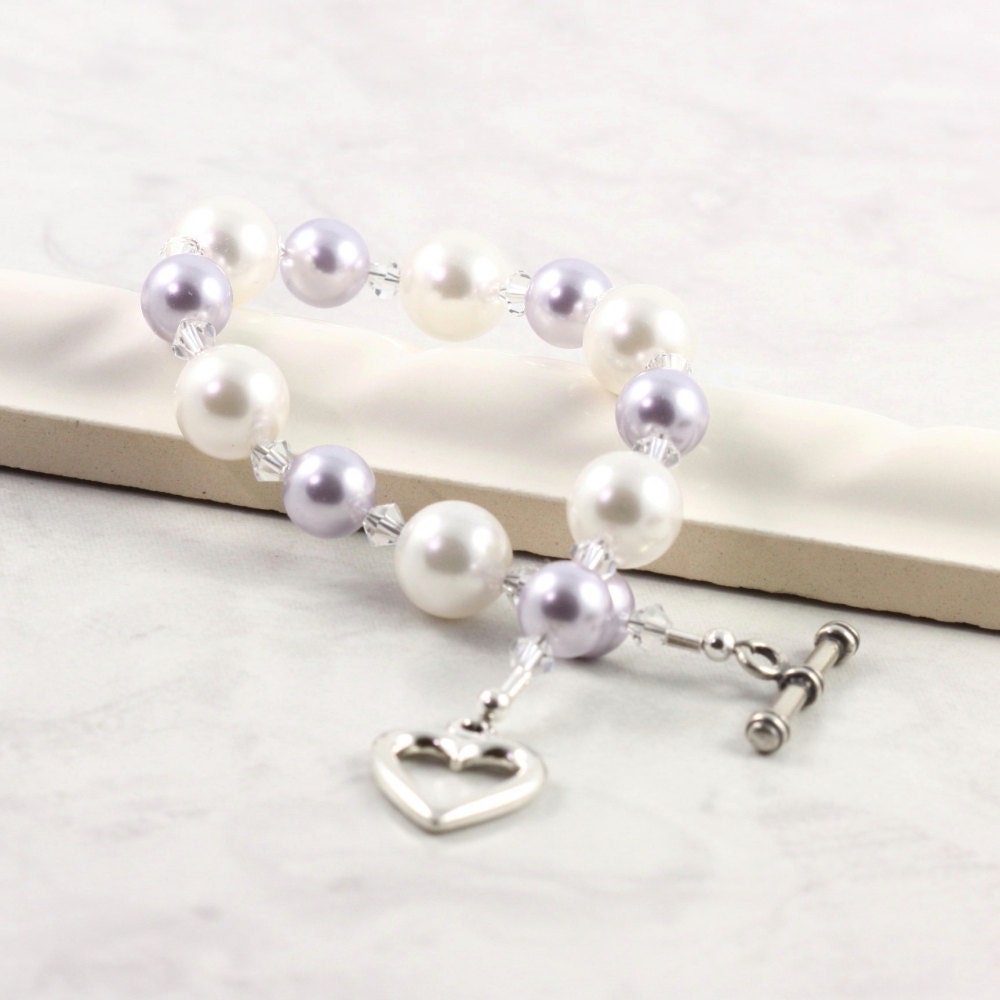 Lavender Jewelry White Bracelet Pastel Pearl Crystal Bridal Jewelry Spring Fashion Sterling Heart Prom Jewelry