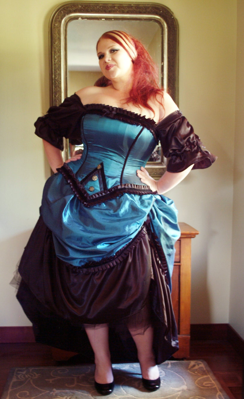 Pirate Steampunk Gown Corset and Bustle Skirt in Teal-Custom to Order