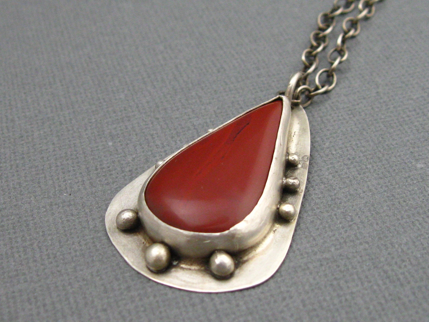 Large Red Jasper Teardrop and Sterling Silver Pendant Necklace, Handcrafted Artisan Stone and Sterling Jewelry by Liz Blanchflower