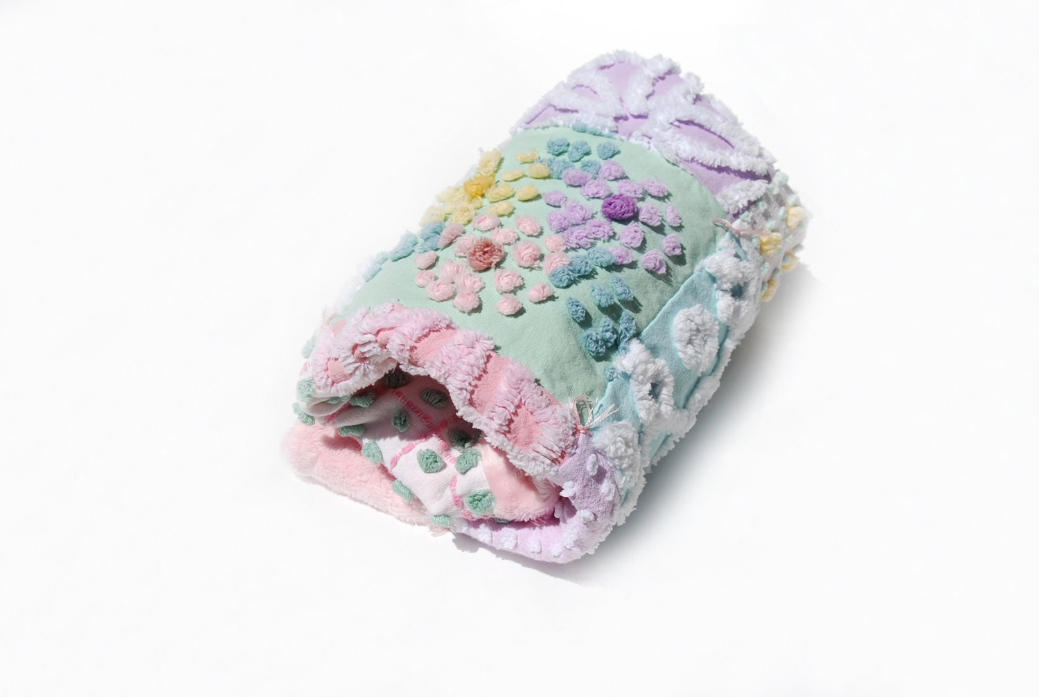 Quilt Lovey Baby Chenille - Pink Pastels Vintage Chenille Handmade Patchwork Lap Quilt
