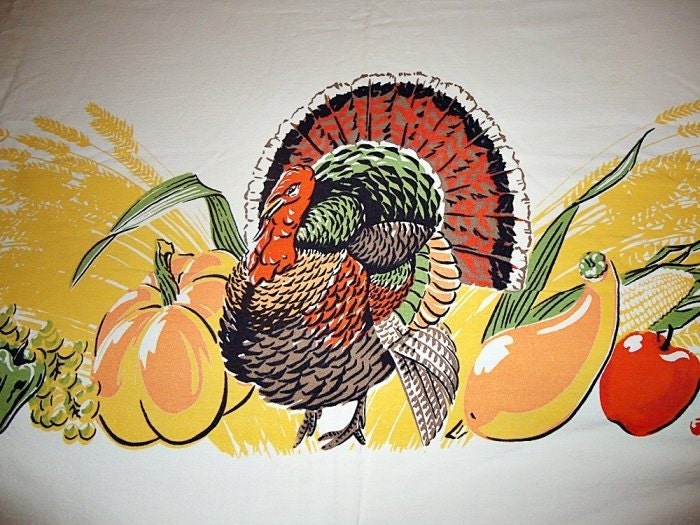 Vintage Thanksgiving Harvest Tablecloth  Large   Fall Turkey Corn Pumpkin  HTF