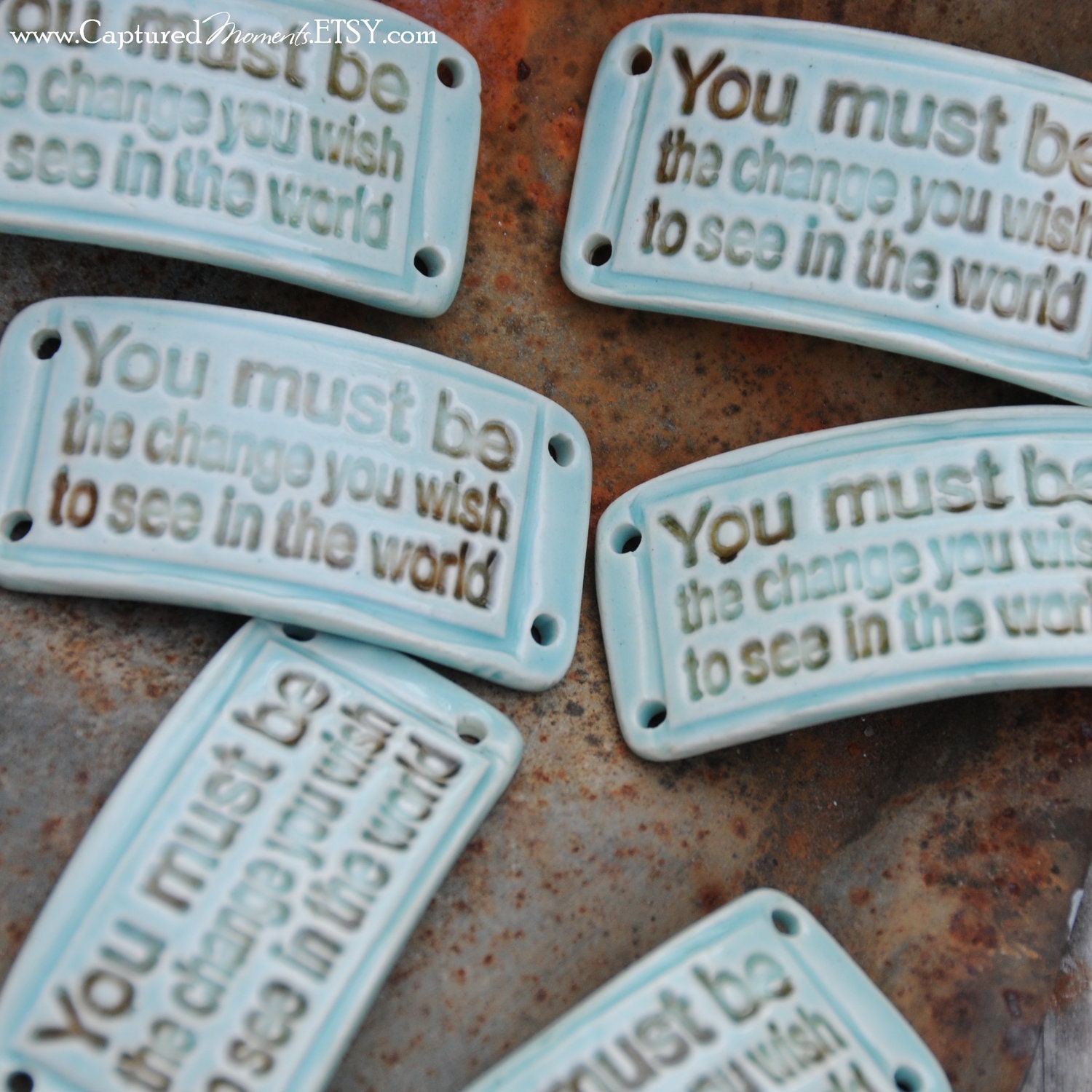 Pottery Cuff bead with Inspirational Quote by Gandhi