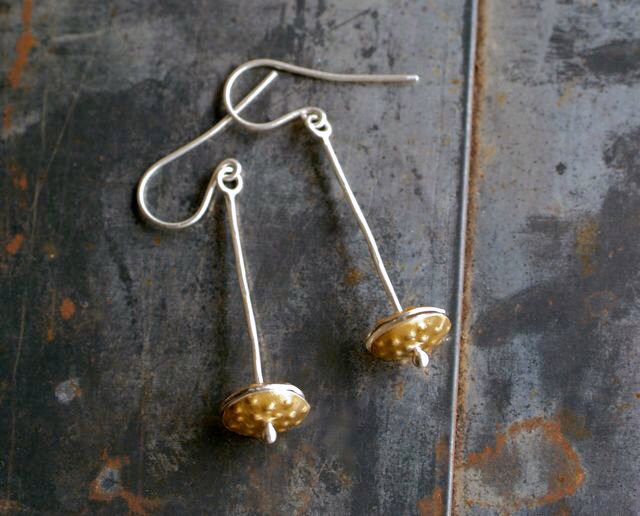 Golden Pods Dangle Earrings, Woodland, Wedding, Minamalist Modern, Wearable Art Jewley
