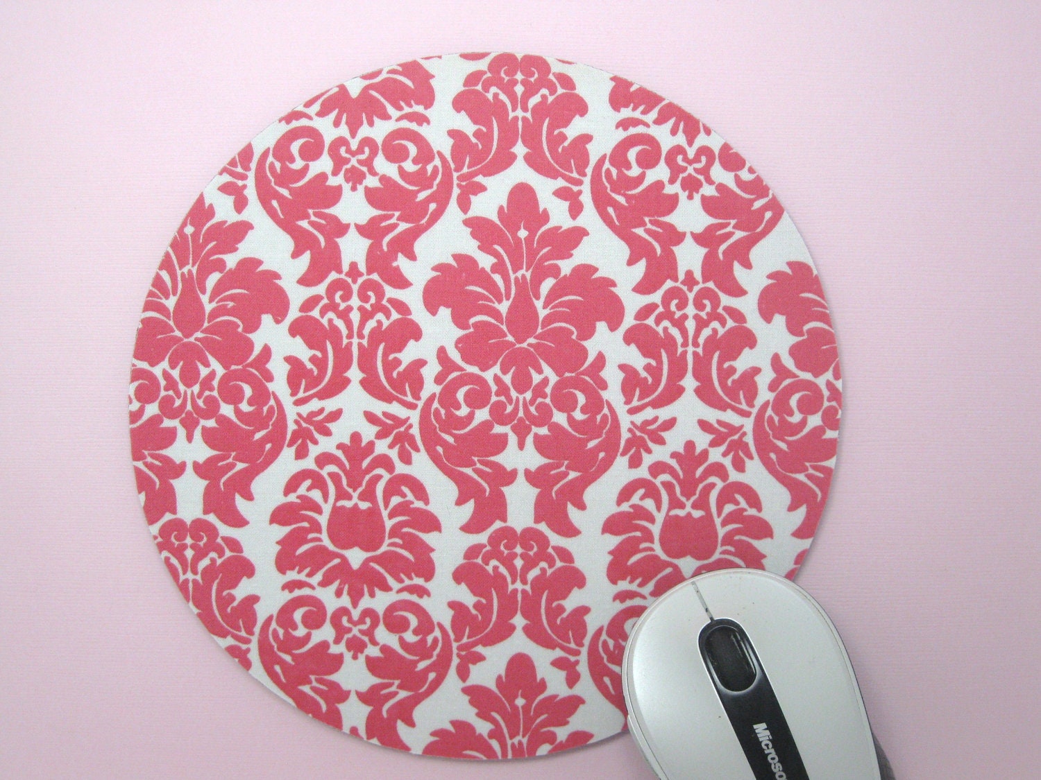 Mouse Pad, Round Fabric Computer Mousepad, or Trivet   Pink Damask on White
