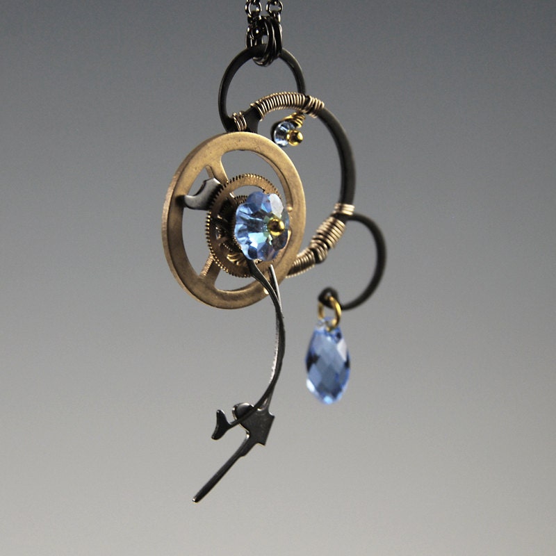 Theia v6.: Bold steampunk pendant with light sapphire Swarovski crystals