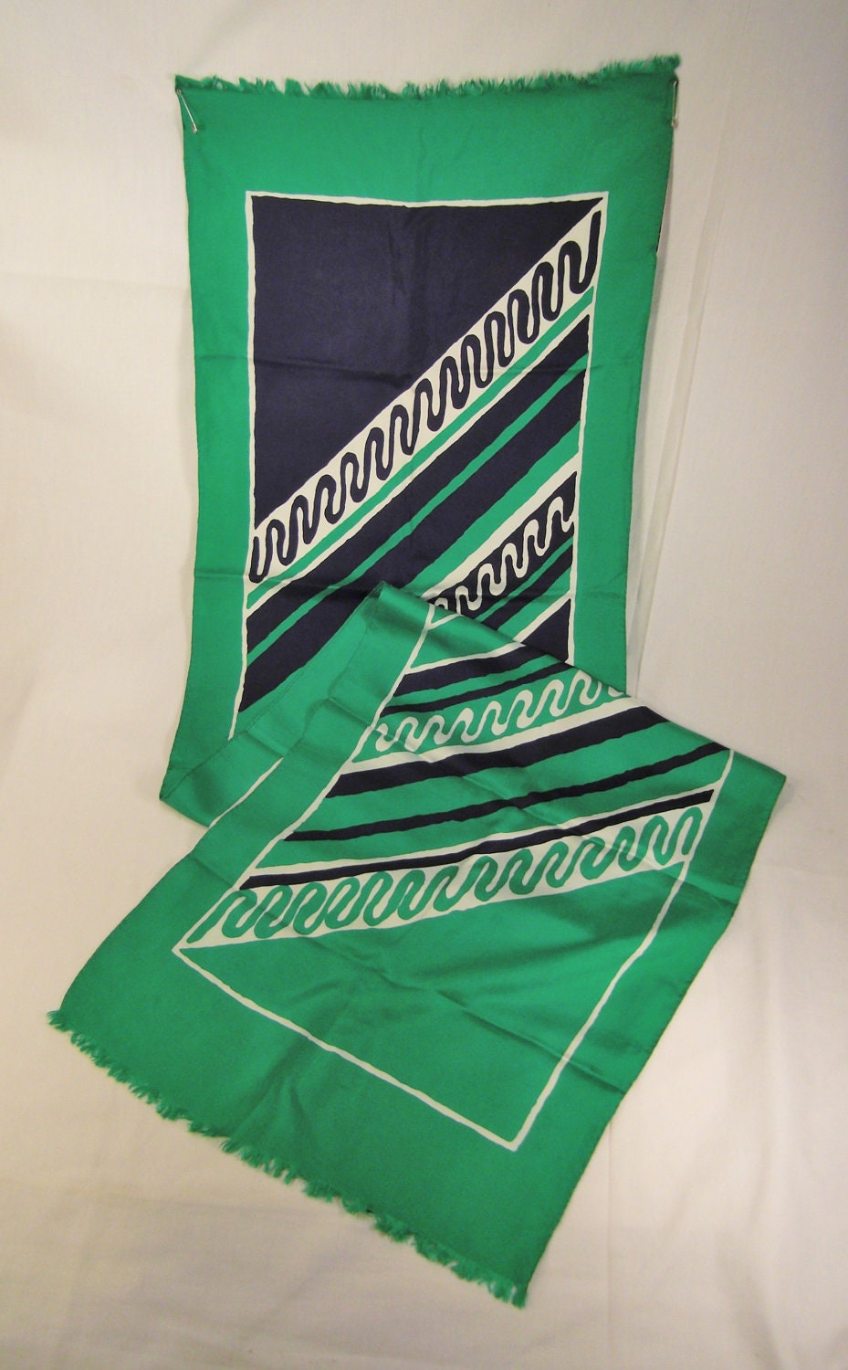 vntg  SCARF Rudolf BRAUBACH SWITZERLAND 1960s Silk ap 64 X 18  blue green white Marshall Field