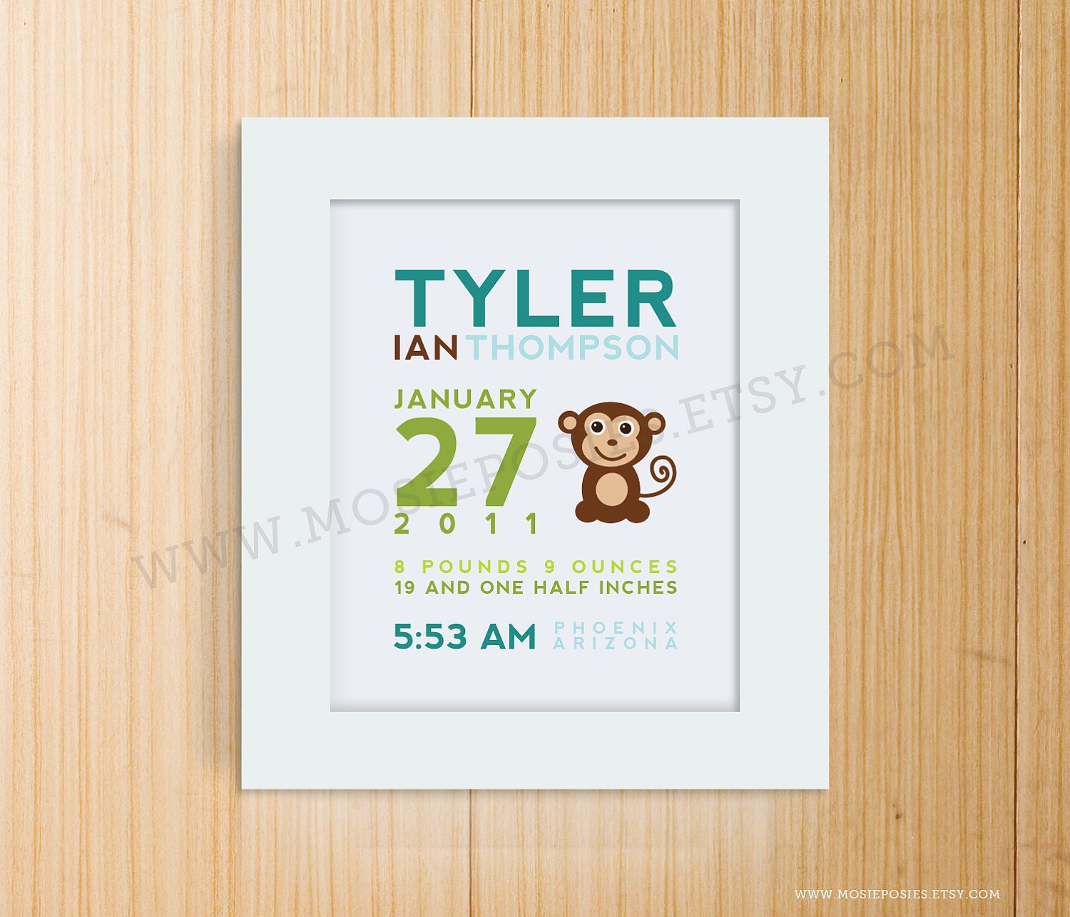 Custom Birth Announcement Print - MONKEY Wall Art