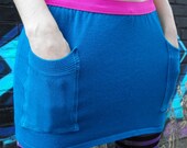 Repurposed Turquoise Sweater Knit Micro Mini Skirt with Pockets: Size Small to Medium