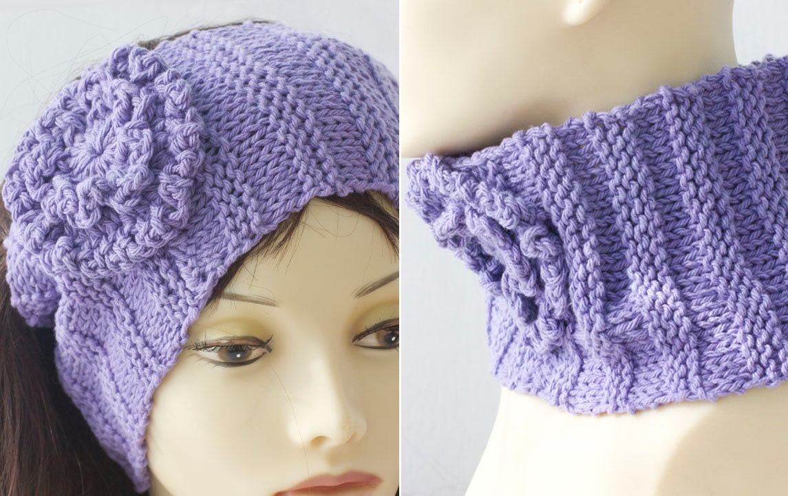 Purple Knit  Head Band, Ear Warmers,  Spring Headband,  Flower Cowl, Cotton