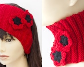 Red Poppy Neck Warmer, Pony Tail Hat, Ear Warmers, Knit  Earmuffs,  Wool Flower Head Band