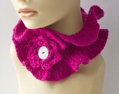 Knit Ruffled Neck Warmer with Flower, Raspberry Scarf,  Wool Collar,  Ruffle Scarf for Women, Cowl Scarf