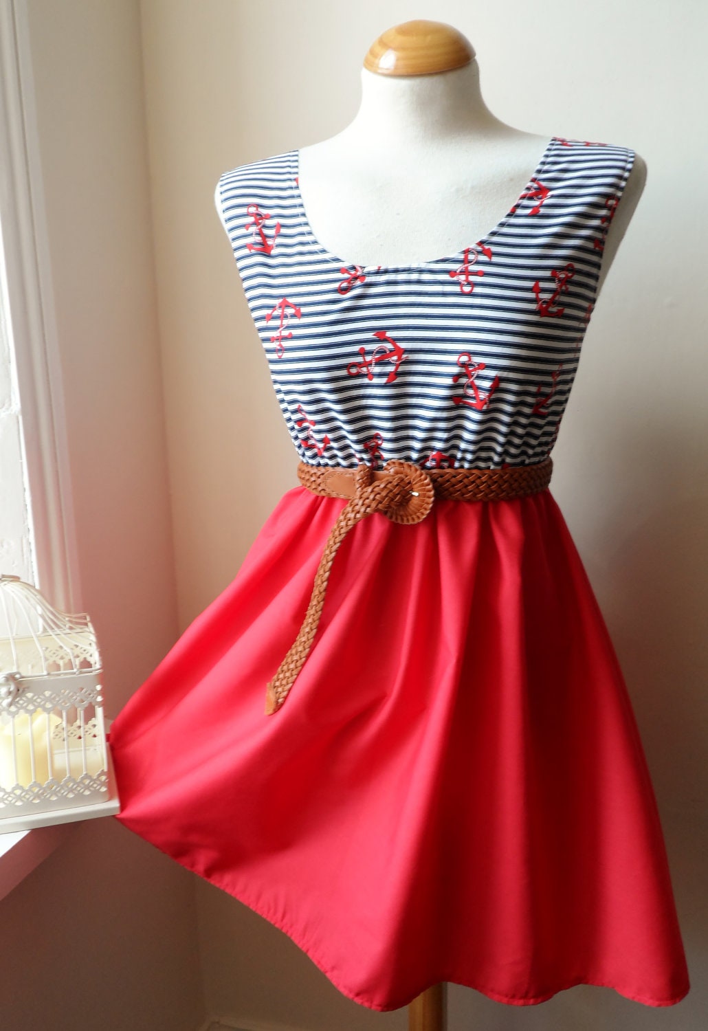 Nautical Dress Red White and Blue Anchor Stripe BoHo Dress XS S