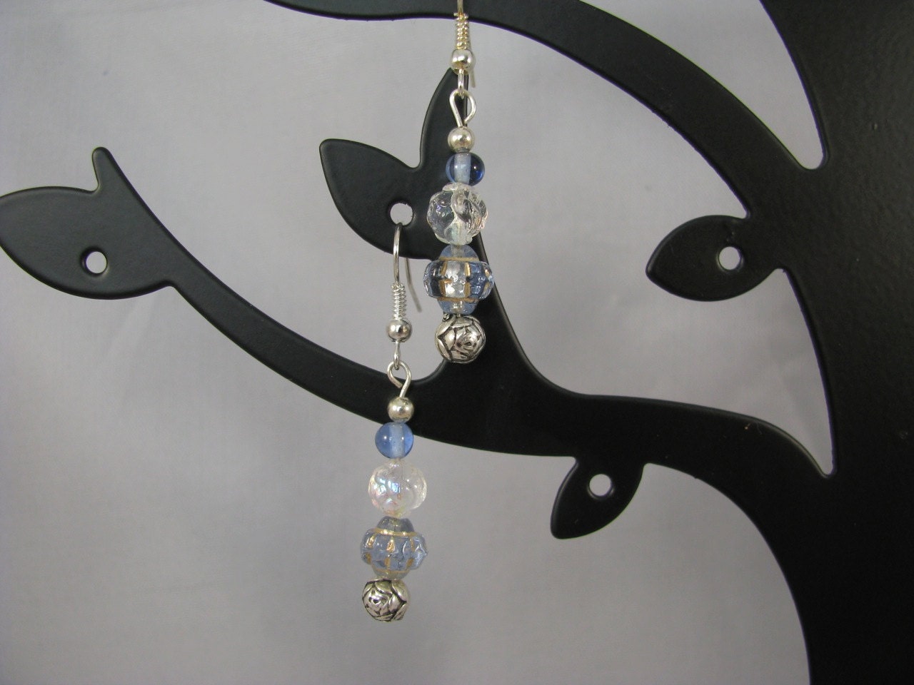 Vintage pressed glass beads with sterling rose bead dangle earrings
