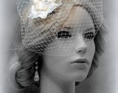 Bridal hair accessories, Wedding Hair Clip, Floral wedding Head piece, Bridal birdcage veil with fascinator
