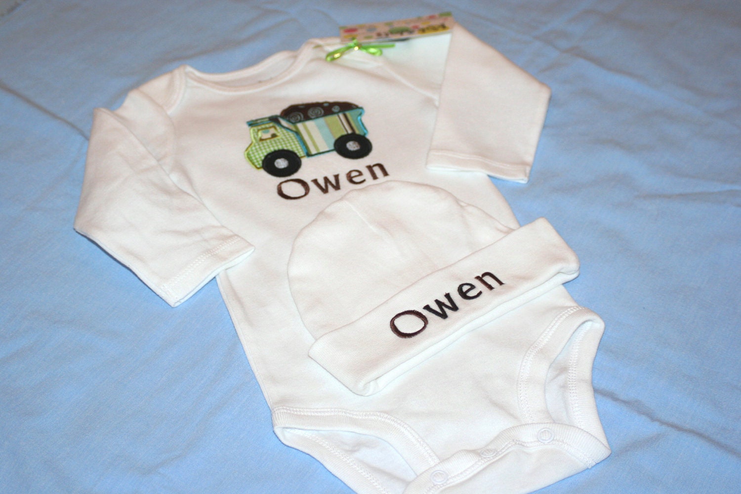 Dump Truck Onesie and Cap Set for a Boy