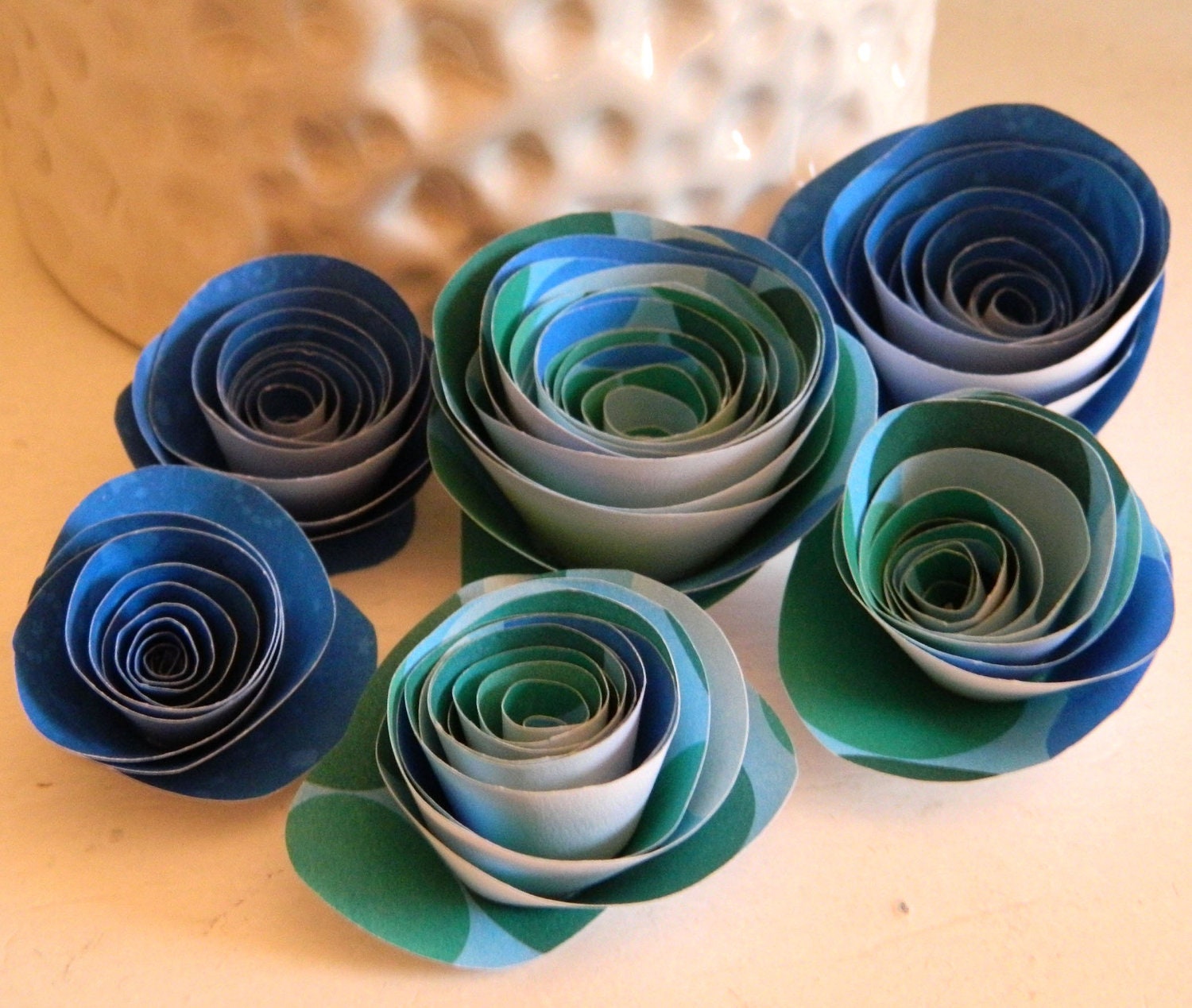 Set of 6 Rolled Paper Roses- blues and greens
