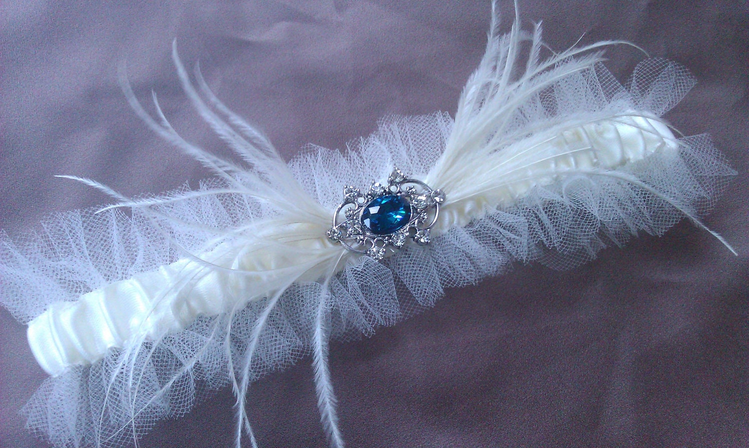 Ivory Tulle Royal Blue Rhinestone Accent Ostrich Feather Bridal Garter Set