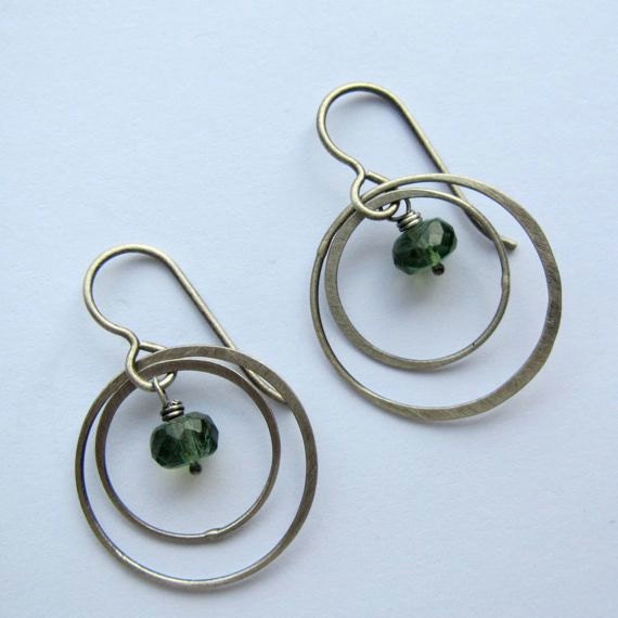 Gemstone Earrings with Oxidized Silver, Silver and gemstone earrings, Dainty circle earrings