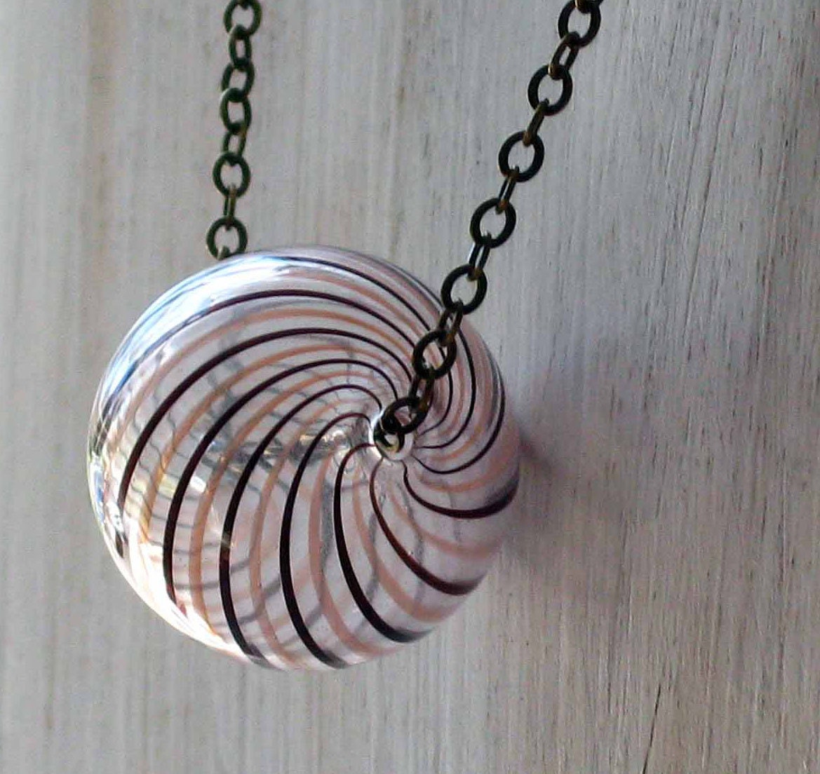 Brown Beige Striped Clear Glass Pendant - French Roast -Swirled Hollow Float Bead Orb Necklace Unique Gift Box