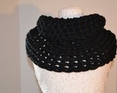 Raven Black Crochet Infinity Cowl Scarf - Scarf Neck Warmer - Ready To Ship - Chunky Blended Lamb's Wool