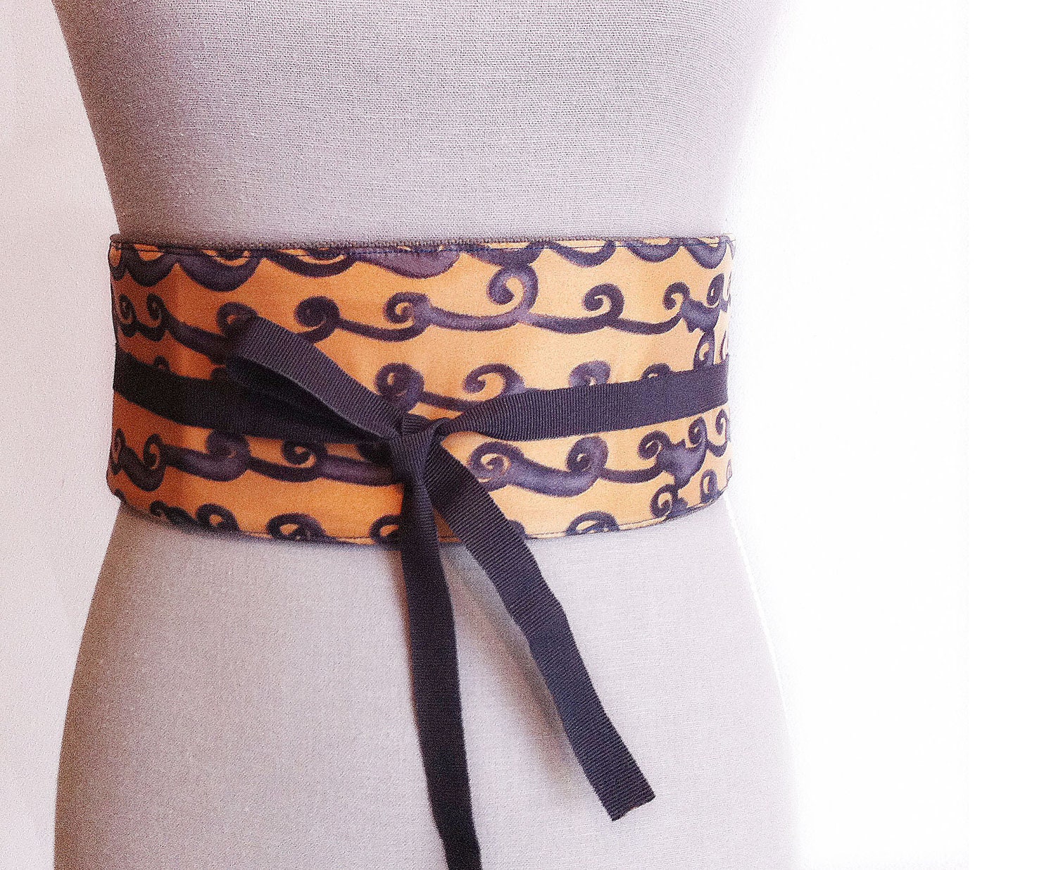 Obi Belt - handpainted silk waves pattern blue and camel
