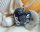Swirls and Squiggles Black and White Heart Necklace Polymer