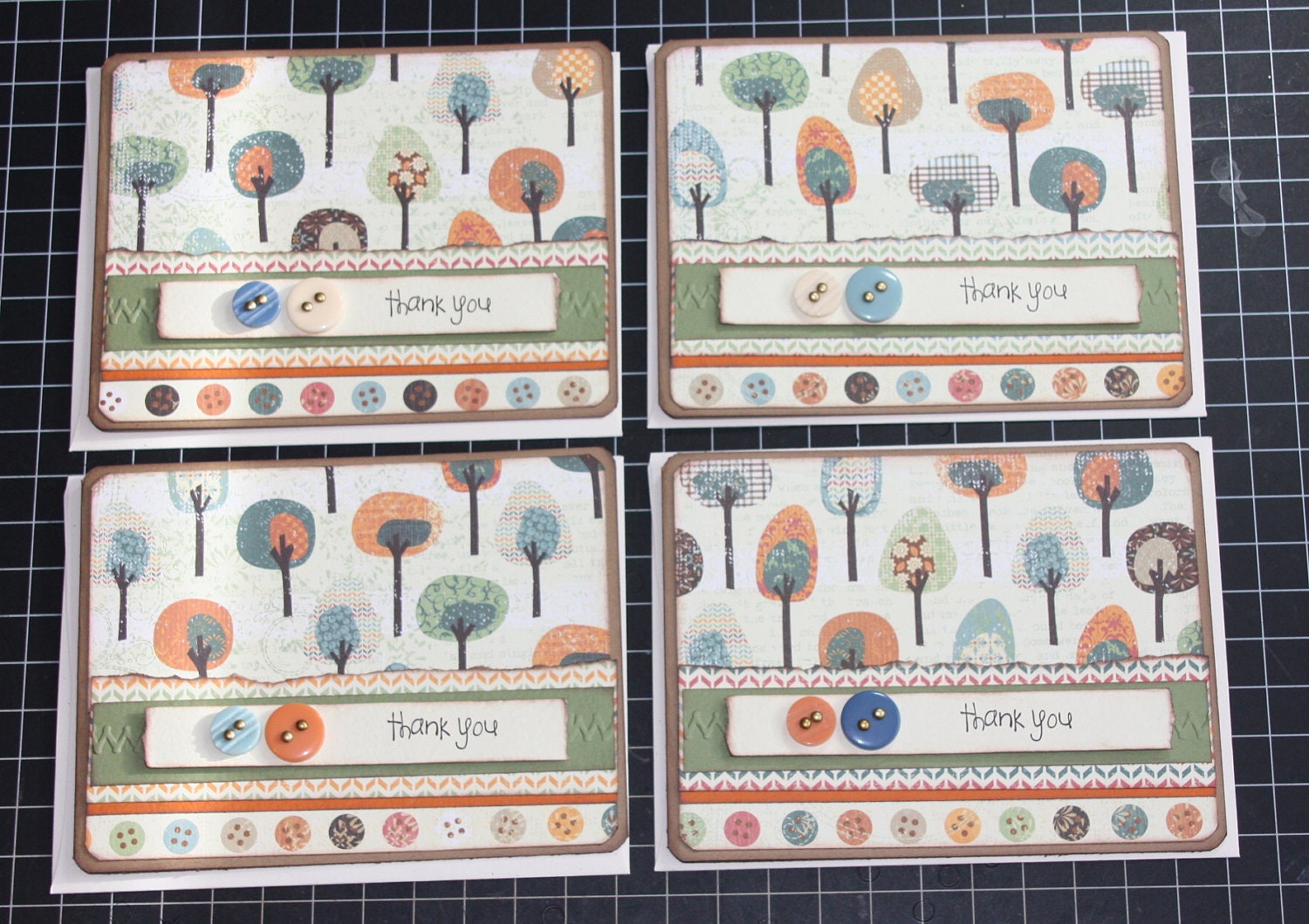 SALE Handmade Thank You Card Set of 4 Trees Buttons Stitching Fall Autum