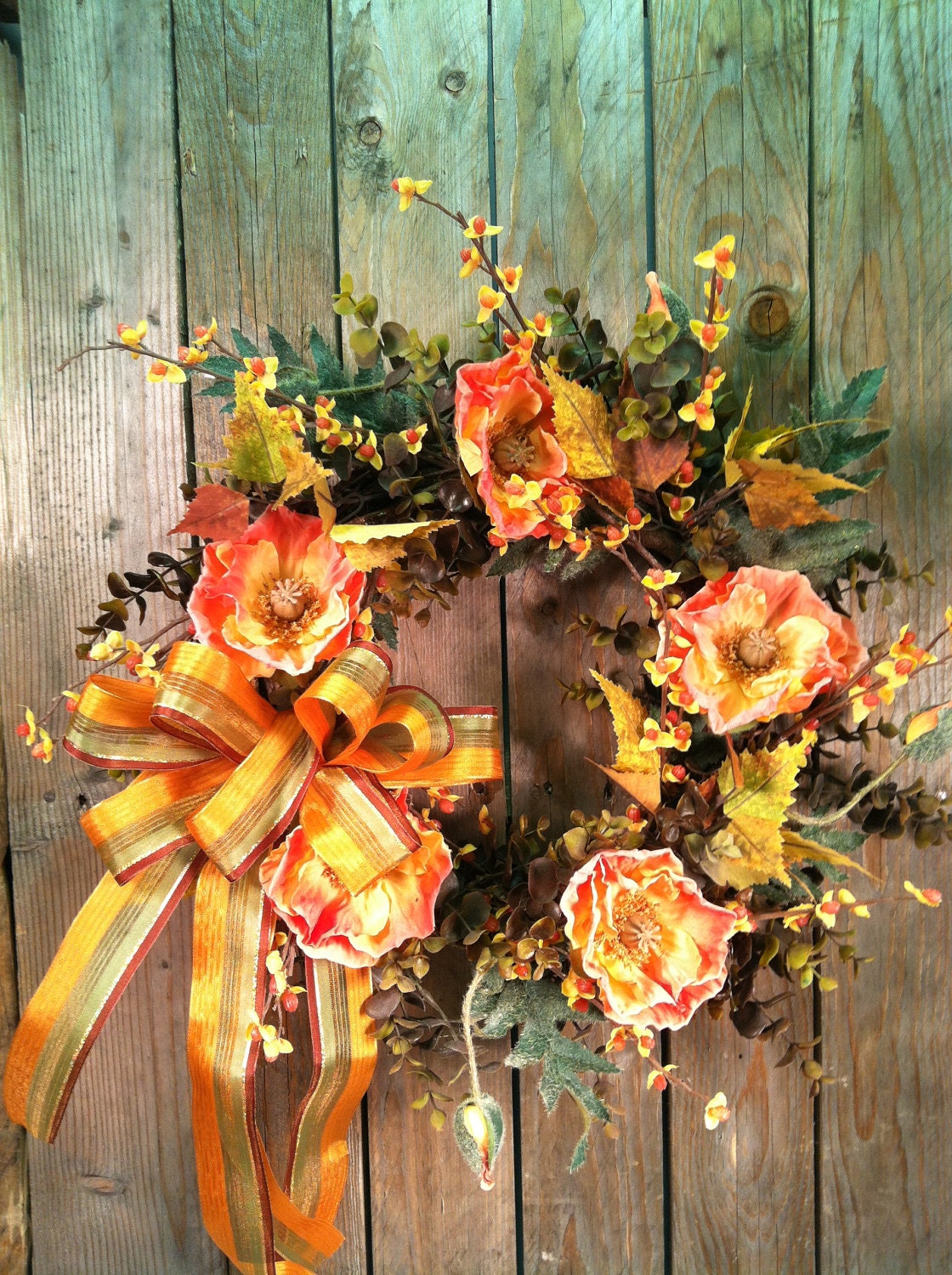 Poppy Fall Thanksgiving Wreath - Orange with Berries - marigoldsdesigns