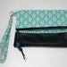 Fold Over Clutch - Vegan Black Leather - Linen Aqua Clutch - Clutch - Black and Aqua Clutch with wrist strap