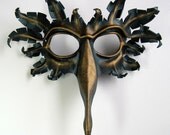 Bird mask in dark metallic green and antique gold, hand-molded leather, peacock, raven
