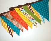 Colorful Bunting party decoration, boys bedroom/playroom decor, turquoise, brown, orange, green fabric banner