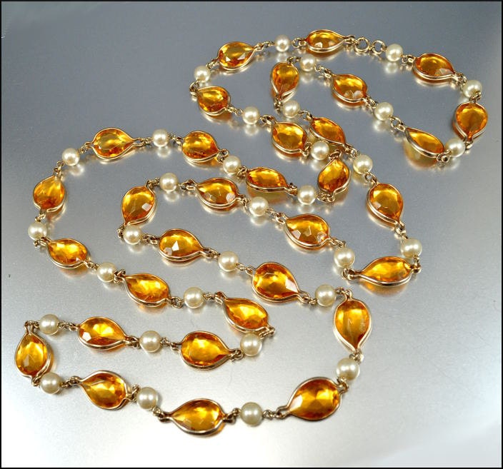 Vintage Glass Bead Necklace Pearl Crystal Necklace Amber Long 1940s Vintage Jewelry