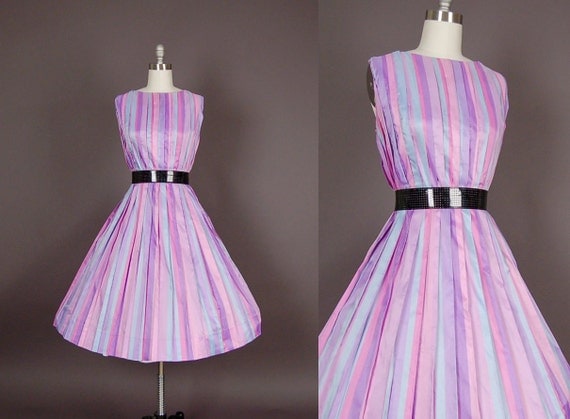 vintage 1950s dress 50s dress full skirt striped pastel party plus size