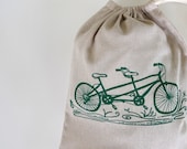 Drawstring Bag, Produce Bag, All Purpose Cotton Bag with Tandem Bicycle in Green