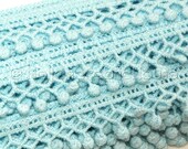 Crochet edge mini pom pom trim in Baby Blue -- 1 metre