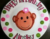 Personalized Happy Birthday Plate . Hand Painted . Mod Cute Sock Monkey for Girl or Boy . great for First Birthday Party
