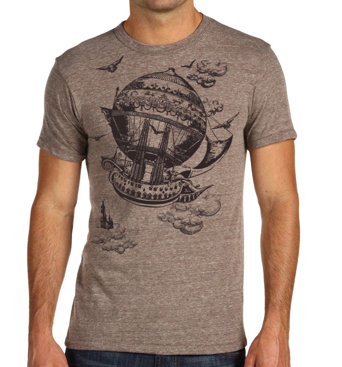 Men's t-shirt, Vintage Steampunk T-shirt Airship Eco Crew Brown Heather t-shirt