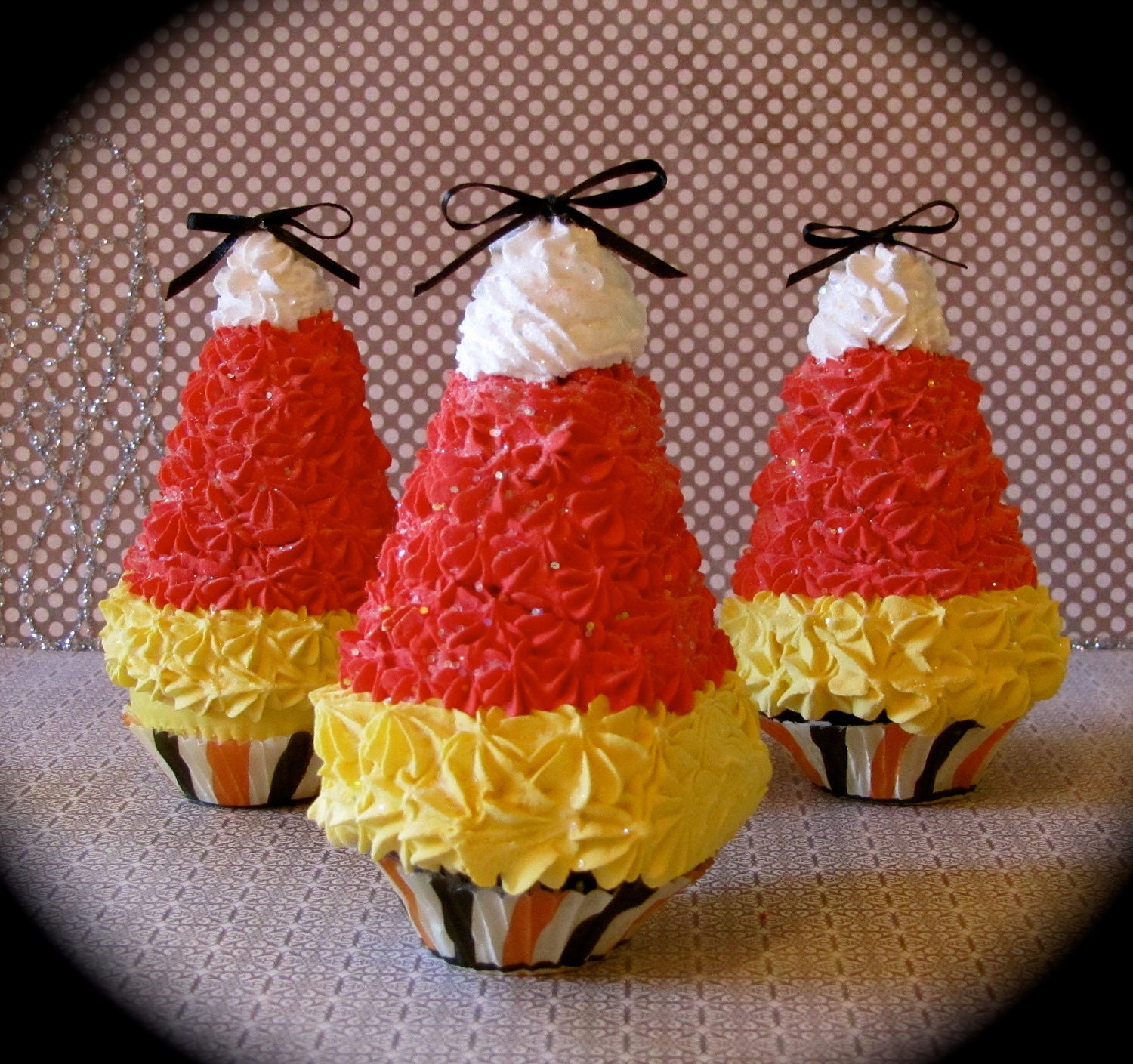 Fake Cupcake "Candy Corn" Trees Set of 3 Mini Cupcake Trees Fabulous Halloween Decor 12 Legs Orginal Design READY TO SHIP