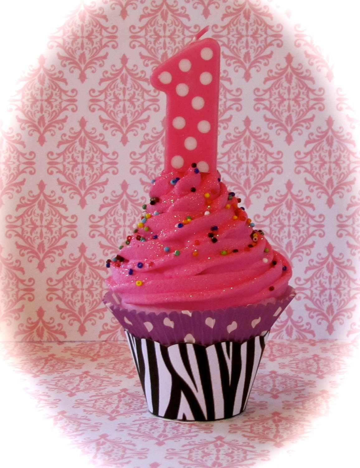 Fake Cupcakes "1st Birthday 'Girl' Photo Shoot Cupcake Collection" 1 Large Standard Cupcake with Polka Dot No. 1 Candle