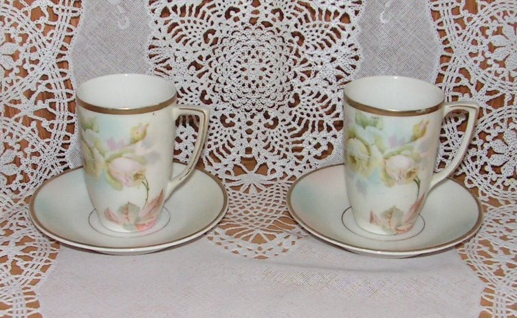 Vintage Pair Porcelain Demitasse Tea Coffee Cups Saucers Pastel Florals Germany