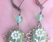 Antique Brass filigree earrings with Impatiens cabochons