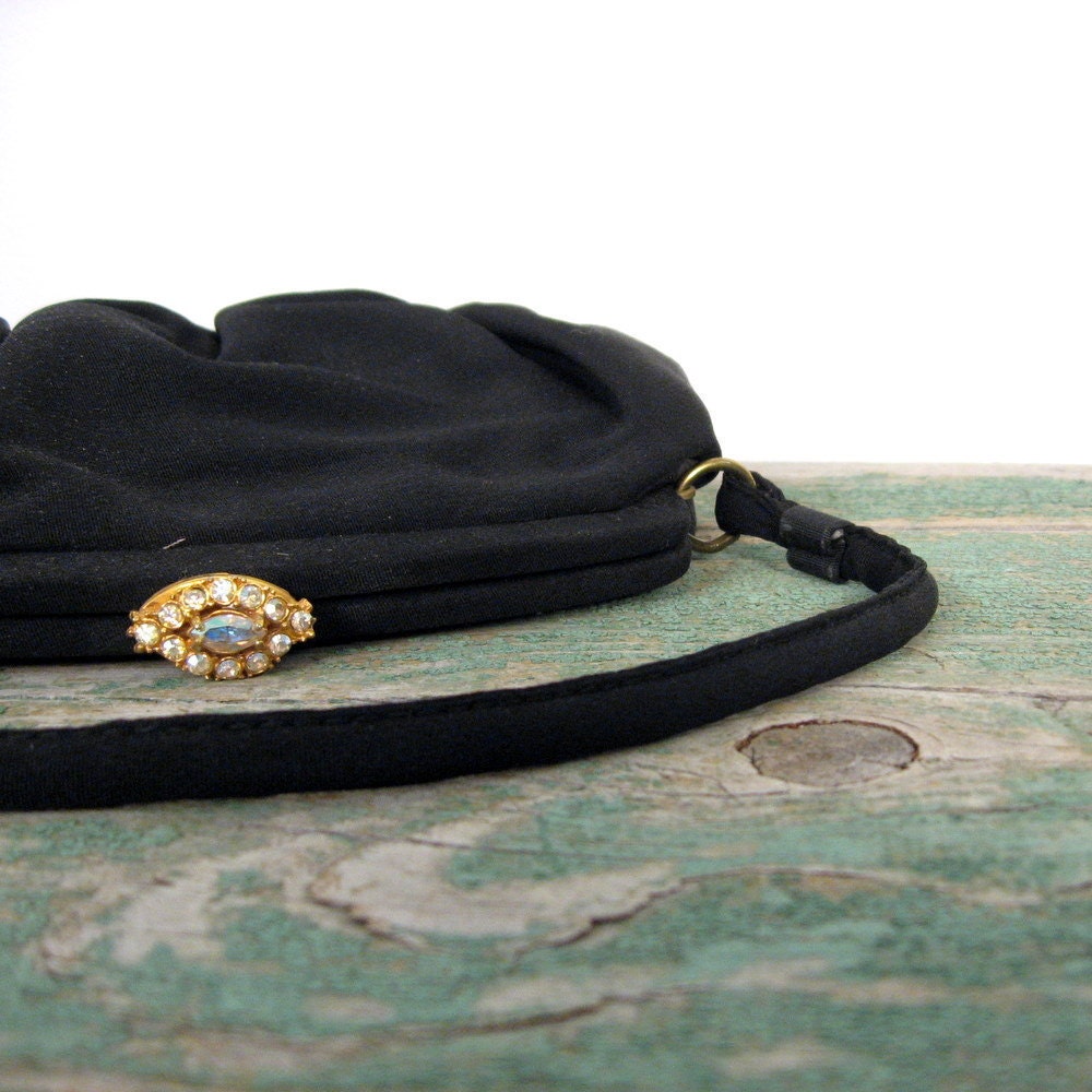 Vintage 1950s Purse / Black Evening Bag / 50s Black Purse  / Jeweled Clasp