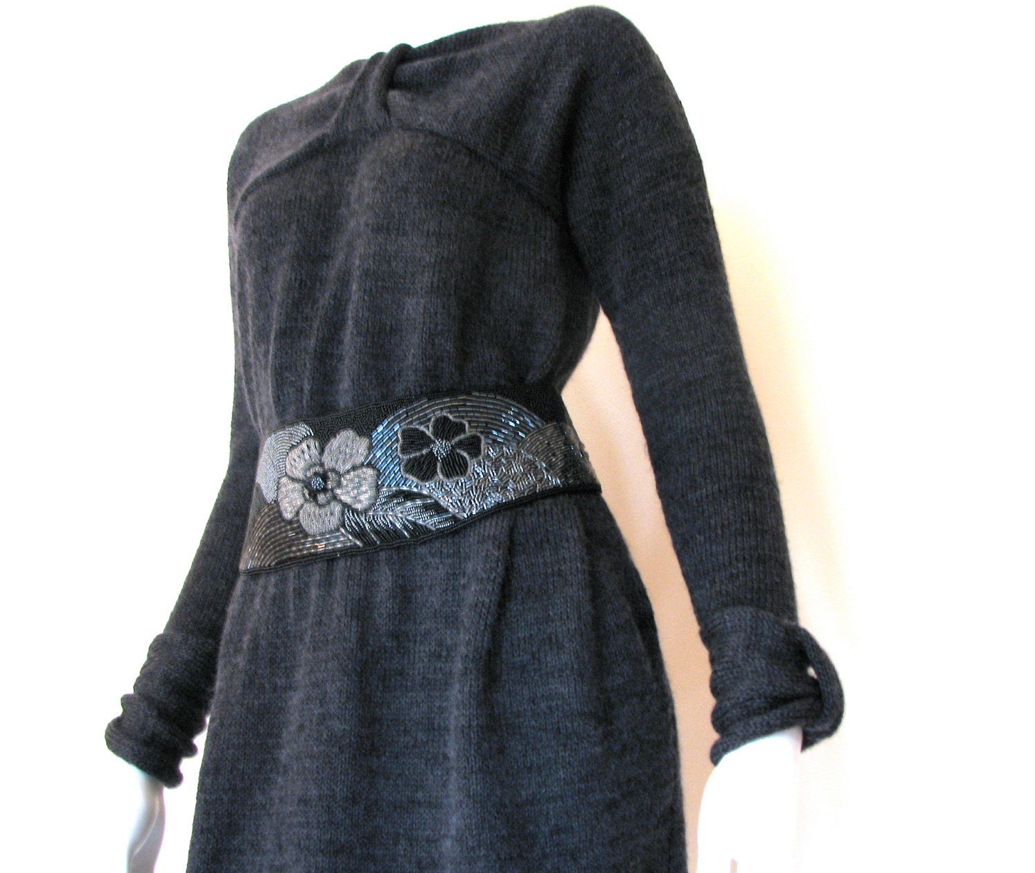 OOAK Hand Knit  Wool Sweater Dress w/ Kai Yin Lo Designers Beaded Belt - Simple and Elegant