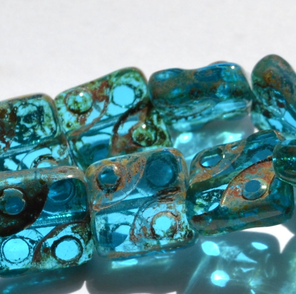 Capri Blue Picasso Carved Czech Glass Bead 10mm Square : 5 Pieces (ST691)