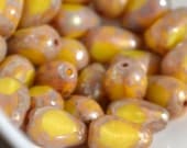 Czech Fire Polish Teardrop Glass Bead Pear Drop 12x8mm Yellow Silk Picasso Marbled - 10 pieces (ST734)